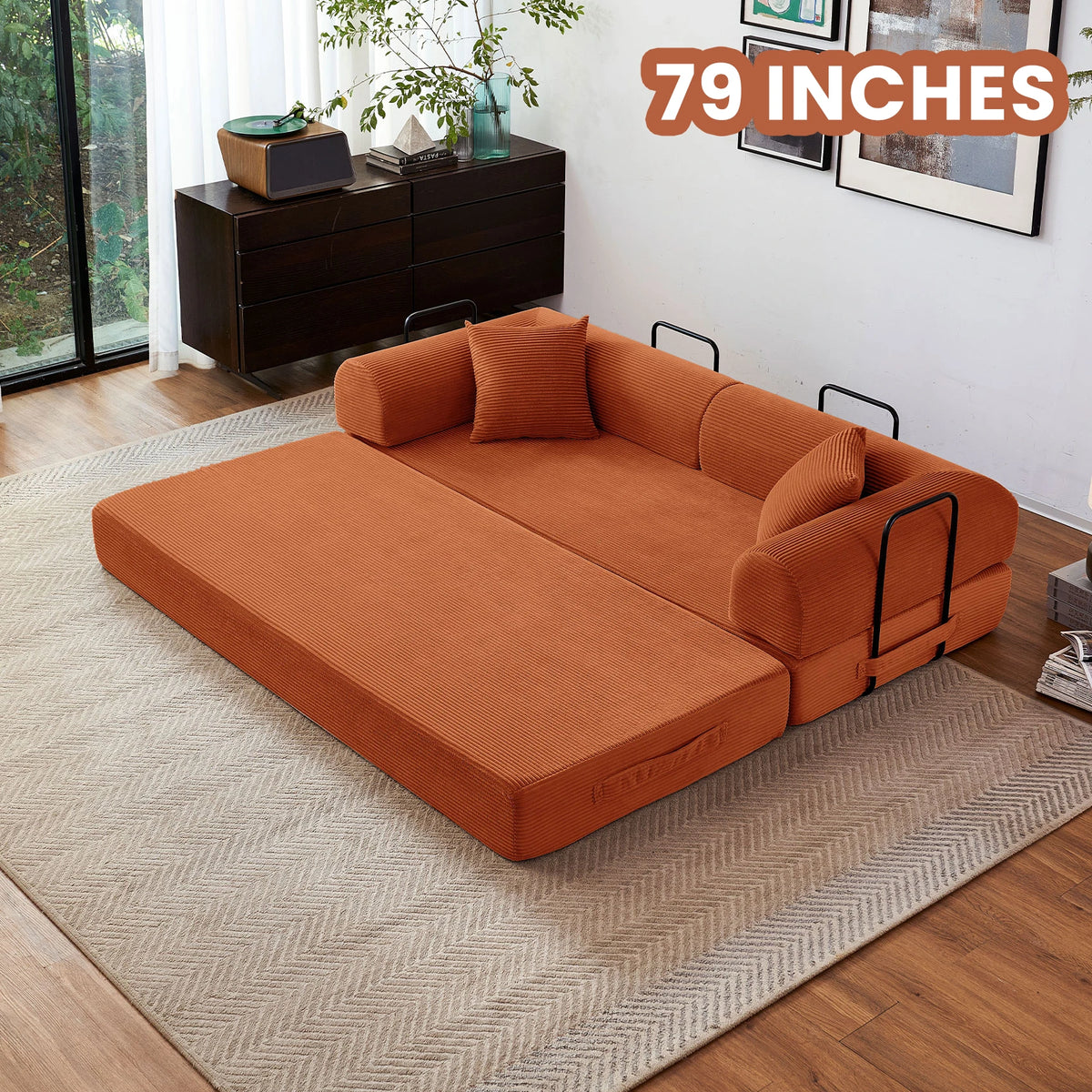 79'' Boneless Couch Foldable Convertible Futon Sleeper Sofa Bed Floor Lounge with L-Shaped Armrests for Living Room Sofas